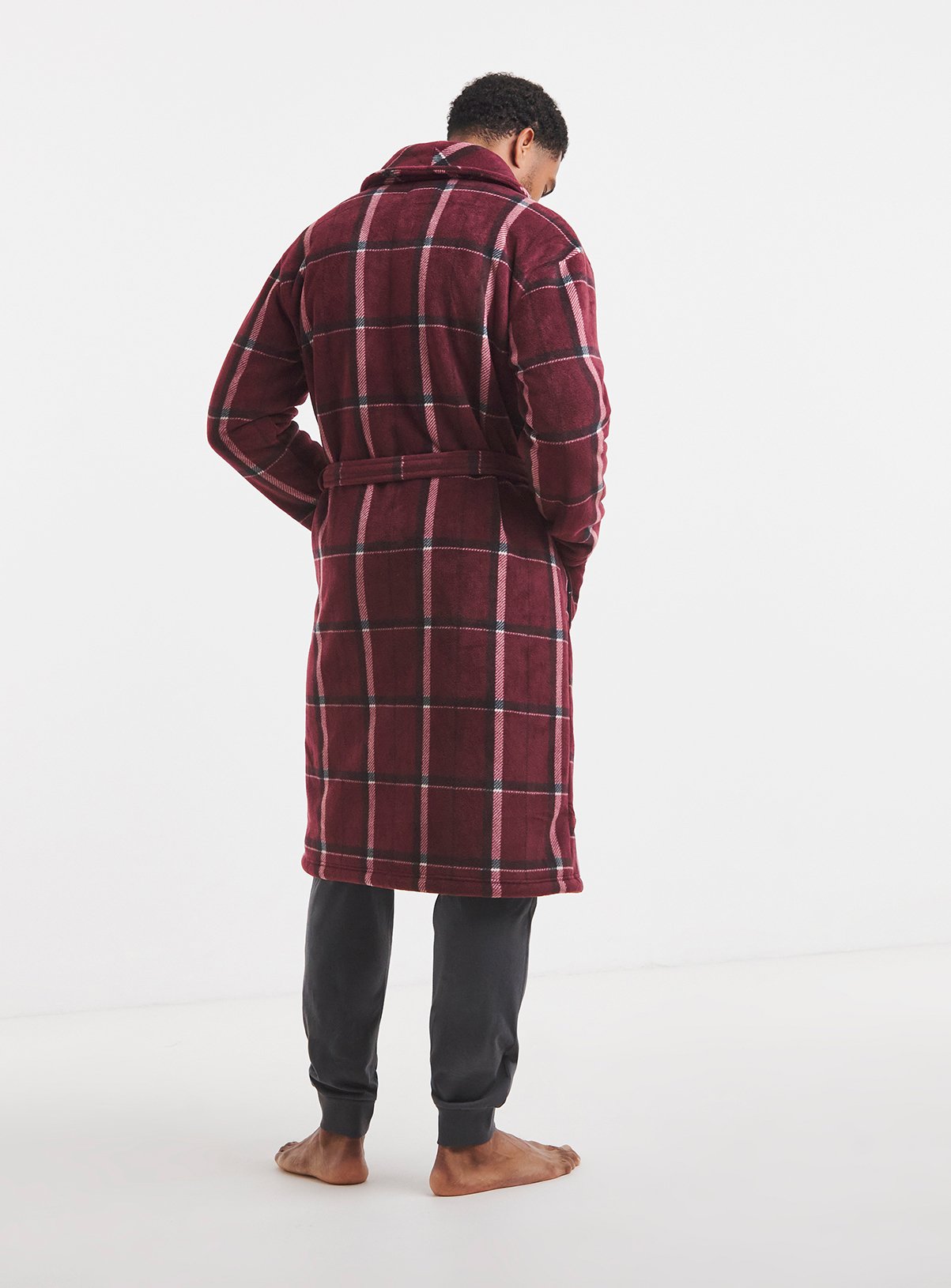 JACAMO Check Borg Lined Fleece Dressing Gown Red XL - Image 2 thumbnail